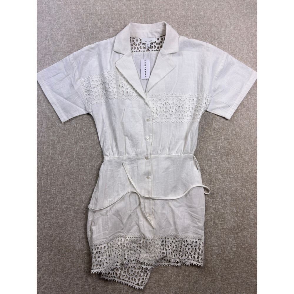 Topshop White Cotton Linen Crochet Wrap Skirt Shirt Mini Dress US 2 NEW